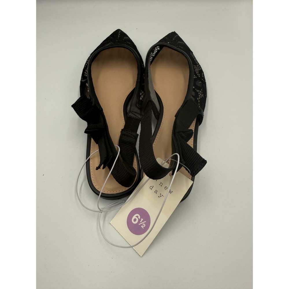 A New Day London Black Lace Floral Mesh Pointed Toe Slingback Bow Flats 6.5 - Picture 3 of 6
